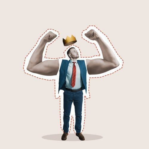 Collage of a businessman in a suit, showcasing muscular arms, wearing a crown, symbolizing overcoming self-doubt and achieving confidence.