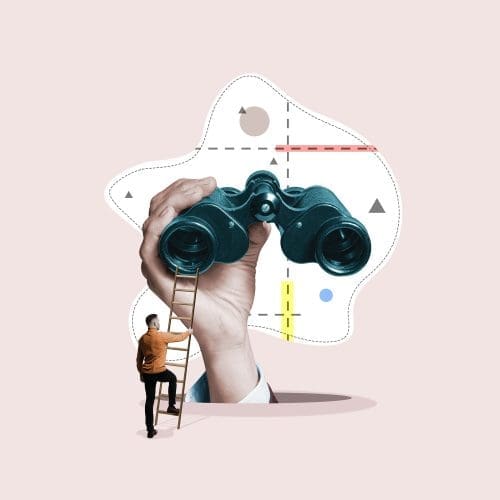 A graphic collage featuring a person climbing a ladder resting on a giant hand holding binoculars, symbolizing the ascent to marketing success through analytics and strategic insights.